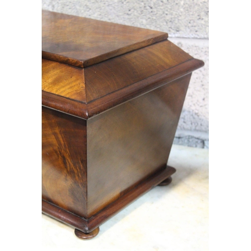 101 - A LARGE 19TH CENTURY MAHOGANY TEA-CADDY, decorated with a flamed mahogany grain; lid with brass escu... 