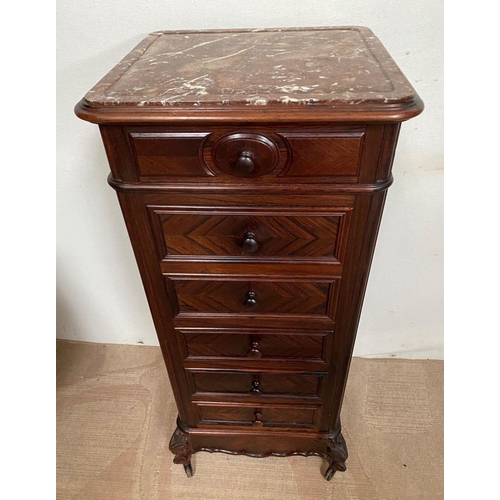 103 - A FINE SIX DRAWER ROSEWOOD MARBLE TOPPED CHEST, fine marble top above drawers with carved panels, tw... 