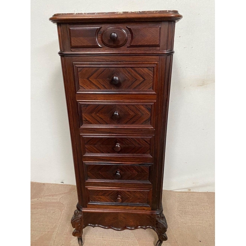 103 - A FINE SIX DRAWER ROSEWOOD MARBLE TOPPED CHEST, fine marble top above drawers with carved panels, tw... 