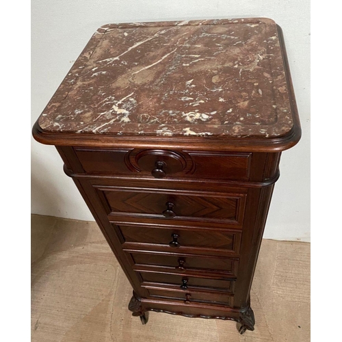 103 - A FINE SIX DRAWER ROSEWOOD MARBLE TOPPED CHEST, fine marble top above drawers with carved panels, tw... 