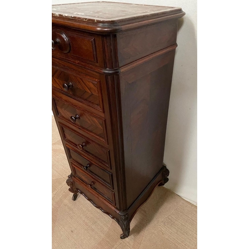 103 - A FINE SIX DRAWER ROSEWOOD MARBLE TOPPED CHEST, fine marble top above drawers with carved panels, tw... 