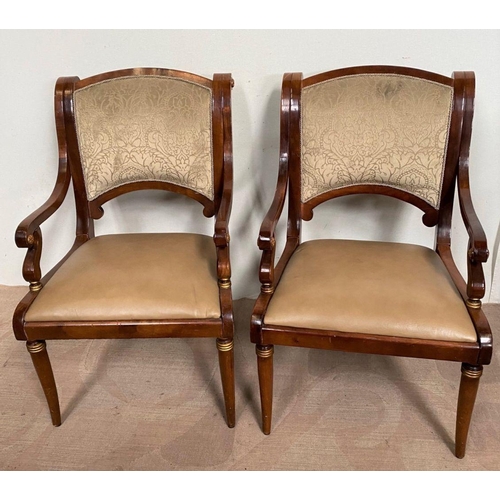 105 - A PAIR OF MAHOGANY FRAMED ARMCHAIRS, with leather upholstered seats as well as patterned upholstered... 