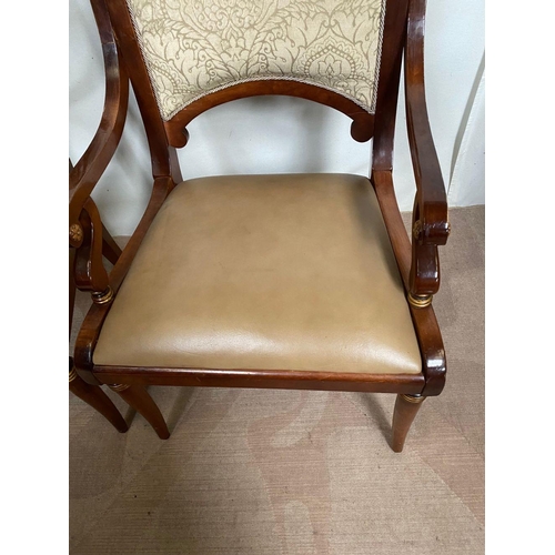 105 - A PAIR OF MAHOGANY FRAMED ARMCHAIRS, with leather upholstered seats as well as patterned upholstered... 