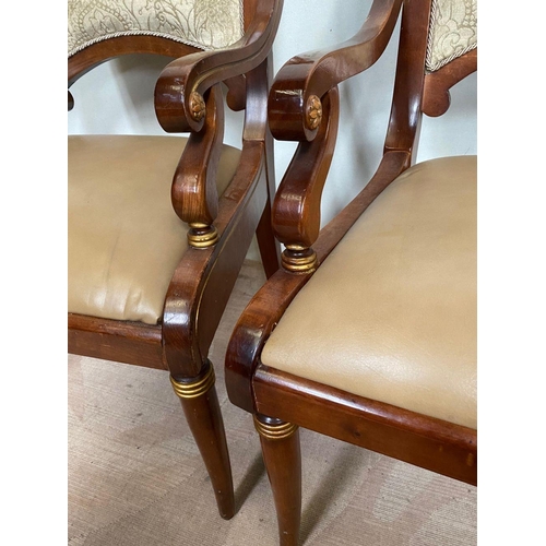 105 - A PAIR OF MAHOGANY FRAMED ARMCHAIRS, with leather upholstered seats as well as patterned upholstered... 