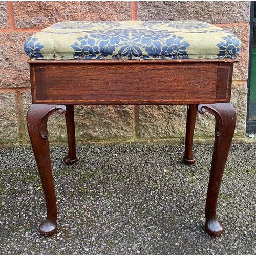 109 - AN ANTIQUE ROSEWOOD INLAID PIANO STOOL, upholstered stuff over seat, opening to interior compartment... 