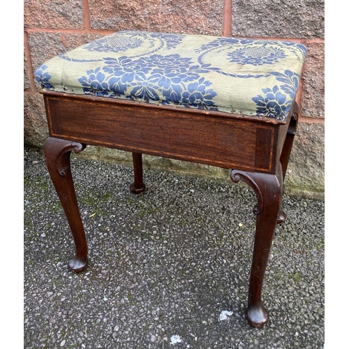 109 - AN ANTIQUE ROSEWOOD INLAID PIANO STOOL, upholstered stuff over seat, opening to interior compartment... 