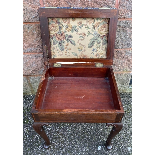 109 - AN ANTIQUE ROSEWOOD INLAID PIANO STOOL, upholstered stuff over seat, opening to interior compartment... 