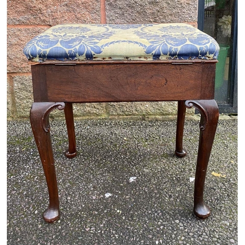 109 - AN ANTIQUE ROSEWOOD INLAID PIANO STOOL, upholstered stuff over seat, opening to interior compartment... 