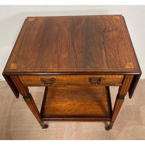 129 - AN EXCELLENT QUALITY ROSEWOOD INLAID DROP LEAF TABLE, with decorative inlay surrounding, drawer with... 