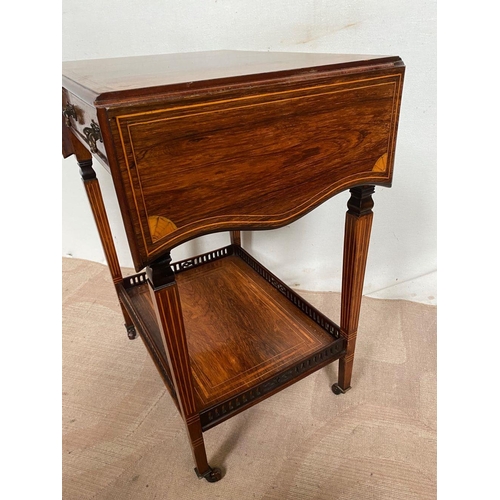 129 - AN EXCELLENT QUALITY ROSEWOOD INLAID DROP LEAF TABLE, with decorative inlay surrounding, drawer with... 