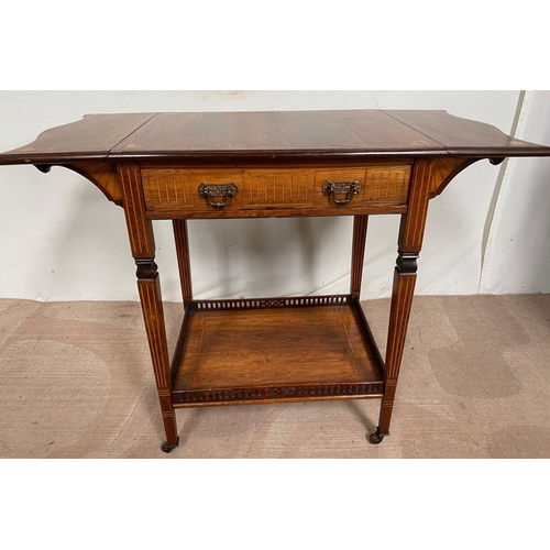 129 - AN EXCELLENT QUALITY ROSEWOOD INLAID DROP LEAF TABLE, with decorative inlay surrounding, drawer with... 