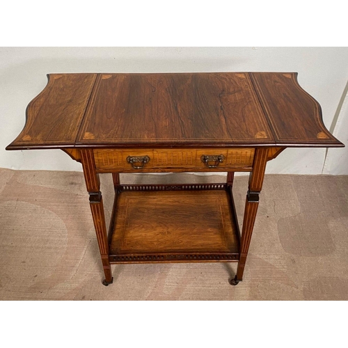 129 - AN EXCELLENT QUALITY ROSEWOOD INLAID DROP LEAF TABLE, with decorative inlay surrounding, drawer with... 