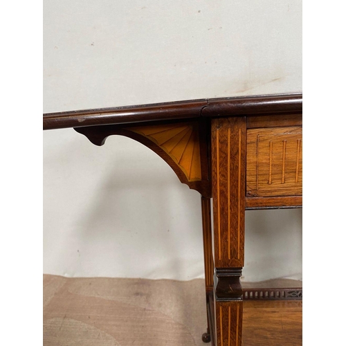 129 - AN EXCELLENT QUALITY ROSEWOOD INLAID DROP LEAF TABLE, with decorative inlay surrounding, drawer with... 