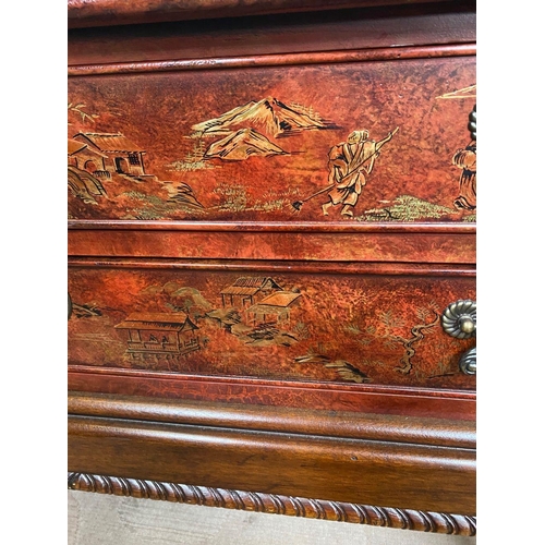 130 - A UNIQUE PAIR OF CHINOISERIE CHIPPENDALE SIDE TABLES, with two drawers finely decorated with panels ... 