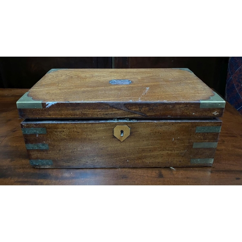 138 - A 19TH CENTURY HARDWOOD WRITING BOX, complete with brass bindings, opening to lined interior with wr... 