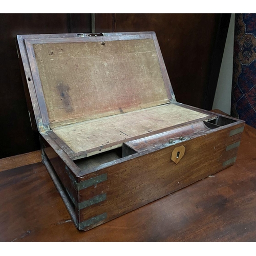 138 - A 19TH CENTURY HARDWOOD WRITING BOX, complete with brass bindings, opening to lined interior with wr... 