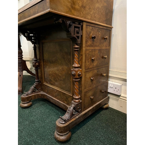 14 - A GOOD QUALITY 19TH CENTURY BURR WALNUT DAVENPORT WRITING DESK, with galleried top above shaped fron... 