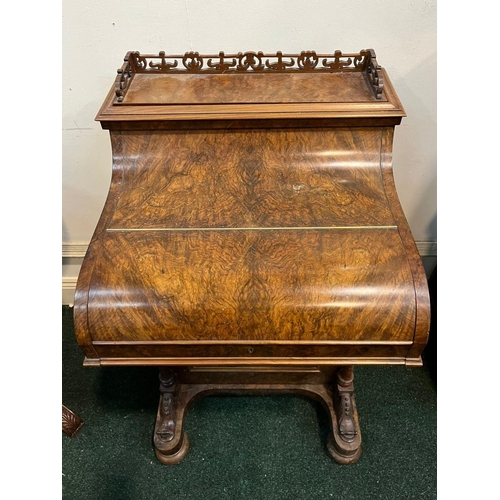 14 - A GOOD QUALITY 19TH CENTURY BURR WALNUT DAVENPORT WRITING DESK, with galleried top above shaped fron... 