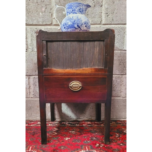 140 - A GEORGIAN TAMBOUR FRONTED WASH CABINET, the top with raised sides having a pierced handle on the le... 