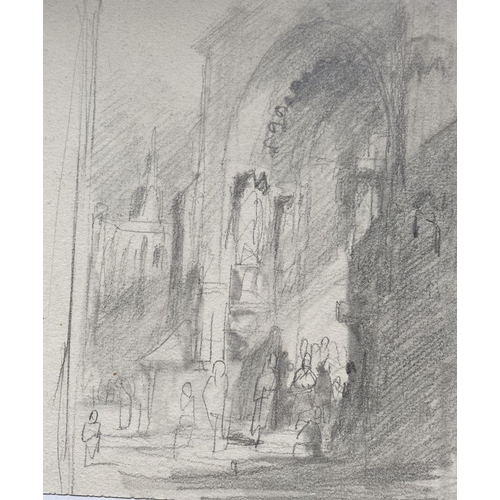 146 - SAMUEL PROUT (British, 1783–1852), (i) “ROUGH SKETCH OF FIGURES IN PORCH”, graphite sketch on buff c... 