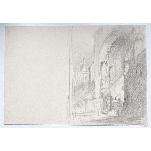 146 - SAMUEL PROUT (British, 1783–1852), (i) “ROUGH SKETCH OF FIGURES IN PORCH”, graphite sketch on buff c... 