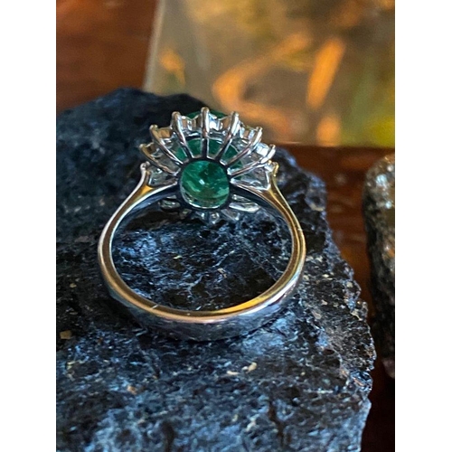 15 - AN EXQUISITE 18CT WHITE GOLD COLUMBIAN EMERALD & DIAMOND CLUSTER RING, natural oval Columbian emeral... 