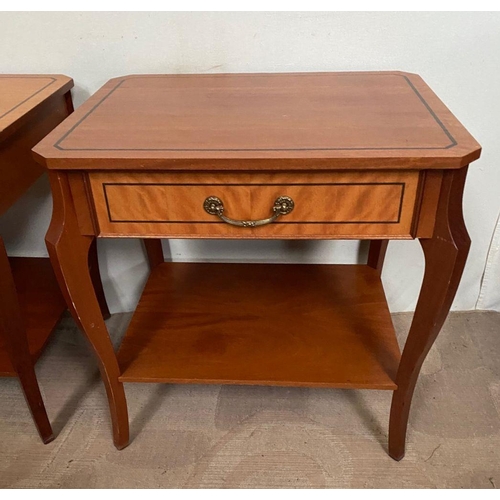 16 - A PAIR OF MAHOGANY & SATINWOOD SIDE TABLES, both finely decorated with black inlay to top and drawer... 