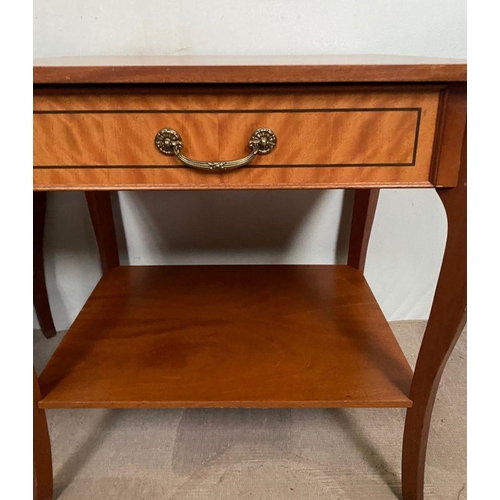 16 - A PAIR OF MAHOGANY & SATINWOOD SIDE TABLES, both finely decorated with black inlay to top and drawer... 