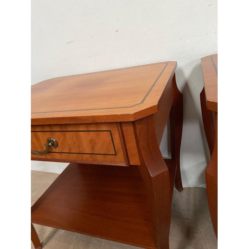 16 - A PAIR OF MAHOGANY & SATINWOOD SIDE TABLES, both finely decorated with black inlay to top and drawer... 