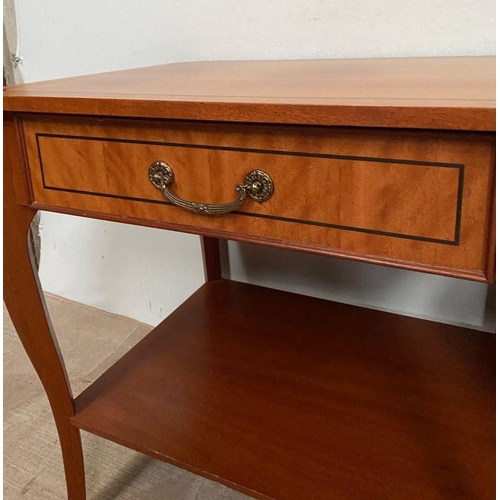 16 - A PAIR OF MAHOGANY & SATINWOOD SIDE TABLES, both finely decorated with black inlay to top and drawer... 