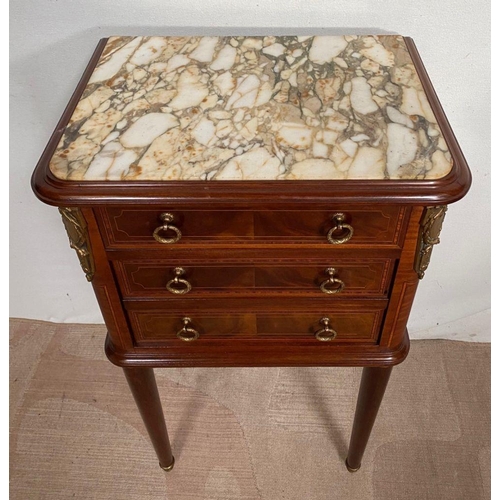 17 - AN EXCELLENT MARBLE TOPPED MAHOGANY INLAID SIDE CABINET, with three drawer effect, lower two opening... 