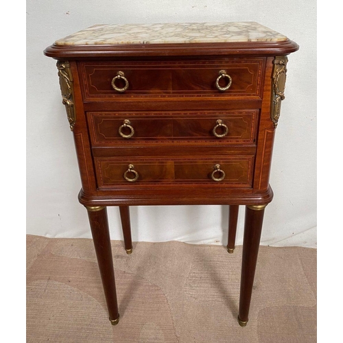 17 - AN EXCELLENT MARBLE TOPPED MAHOGANY INLAID SIDE CABINET, with three drawer effect, lower two opening... 