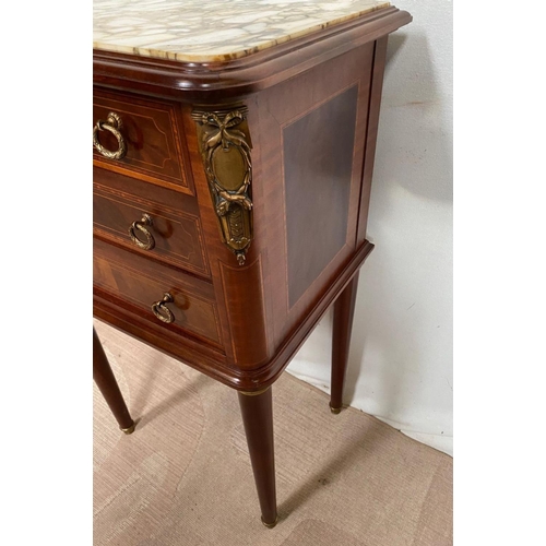 17 - AN EXCELLENT MARBLE TOPPED MAHOGANY INLAID SIDE CABINET, with three drawer effect, lower two opening... 