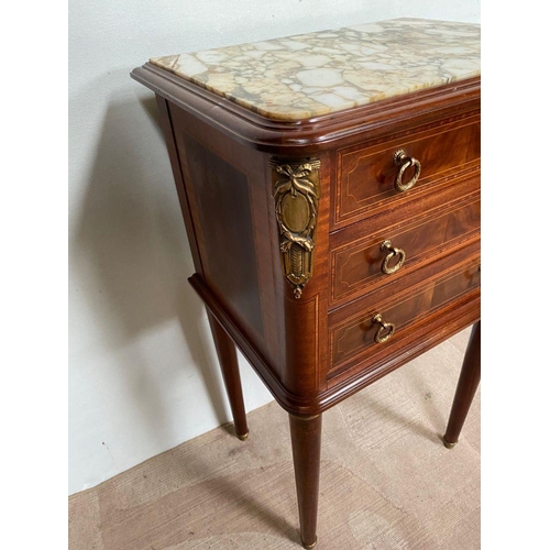 17 - AN EXCELLENT MARBLE TOPPED MAHOGANY INLAID SIDE CABINET, with three drawer effect, lower two opening... 