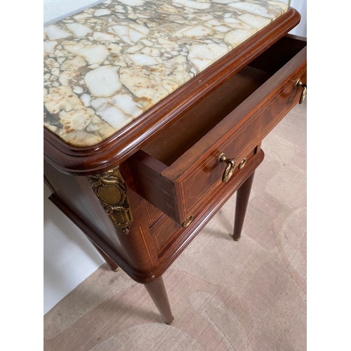 17 - AN EXCELLENT MARBLE TOPPED MAHOGANY INLAID SIDE CABINET, with three drawer effect, lower two opening... 