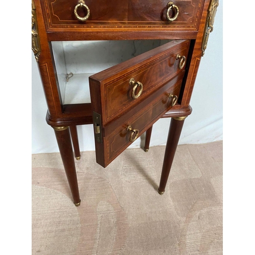 17 - AN EXCELLENT MARBLE TOPPED MAHOGANY INLAID SIDE CABINET, with three drawer effect, lower two opening... 