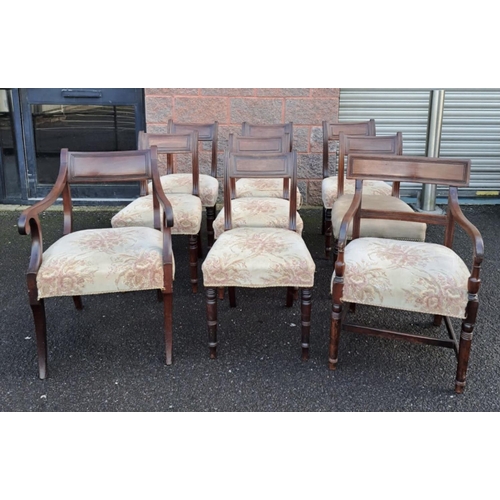 179 - A SET OF MAHOGANY DINING CHAIRS ALONG WITH TWO CARVERS, with engraved headrest, upholstered seat, sc... 