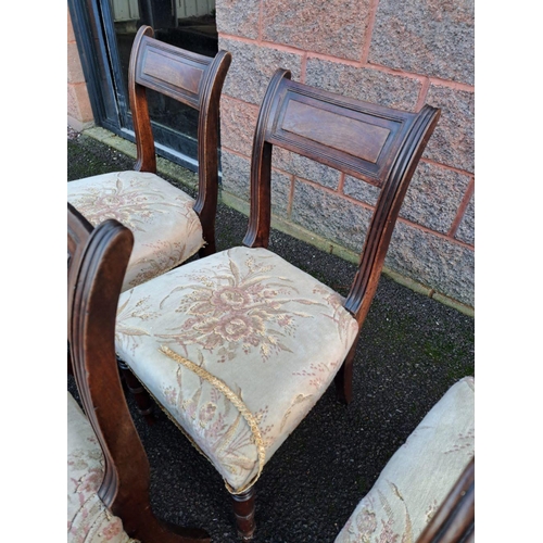 179 - A SET OF MAHOGANY DINING CHAIRS ALONG WITH TWO CARVERS, with engraved headrest, upholstered seat, sc... 