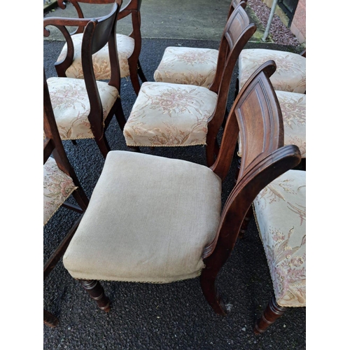 179 - A SET OF MAHOGANY DINING CHAIRS ALONG WITH TWO CARVERS, with engraved headrest, upholstered seat, sc... 