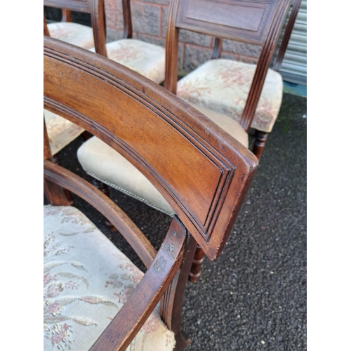 179 - A SET OF MAHOGANY DINING CHAIRS ALONG WITH TWO CARVERS, with engraved headrest, upholstered seat, sc... 