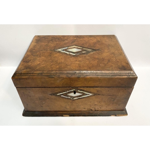 180 - A 19TH CENTURY BURR WALNUT MOTHER OF PEARL INLAID TEA CADDY, with unusual diamond form central inlay... 