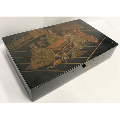 181 - A JAPANESE LAQUERED WRITING BOX, the wooden box is lacquered and decorated with depiction of three f... 