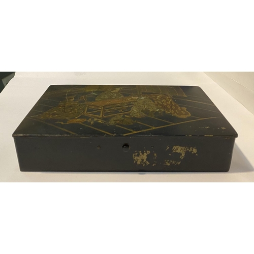 181 - A JAPANESE LAQUERED WRITING BOX, the wooden box is lacquered and decorated with depiction of three f... 