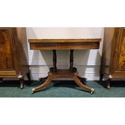 19 - A GOOD 19TH CENTURY MAHOGANY FOLD OVER CARD TABLE, with satinwood string inlaid detail to the edge &... 