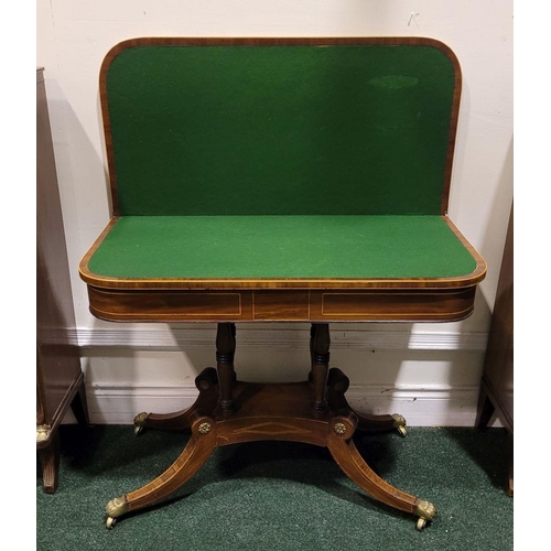 19 - A GOOD 19TH CENTURY MAHOGANY FOLD OVER CARD TABLE, with satinwood string inlaid detail to the edge &... 