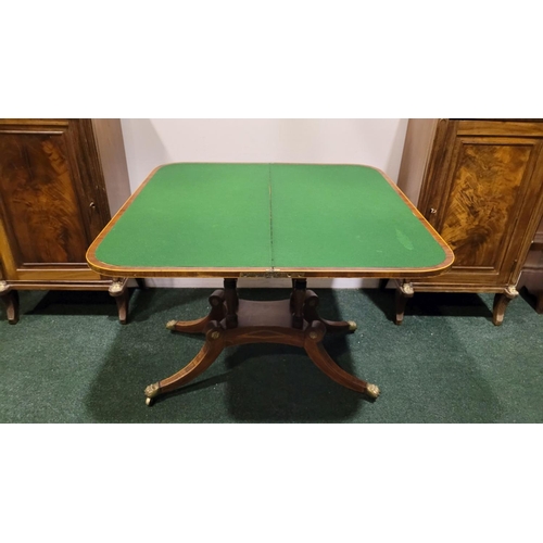 19 - A GOOD 19TH CENTURY MAHOGANY FOLD OVER CARD TABLE, with satinwood string inlaid detail to the edge &... 