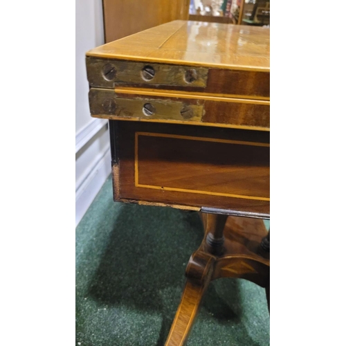 19 - A GOOD 19TH CENTURY MAHOGANY FOLD OVER CARD TABLE, with satinwood string inlaid detail to the edge &... 