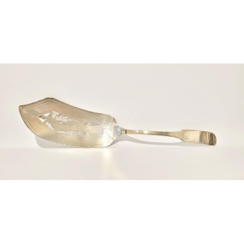 21 - A VERY EARLY 19TH CENTURY ORNATE SOLID SILVER FISH SLICE, the head of the slice is pierced and decor... 