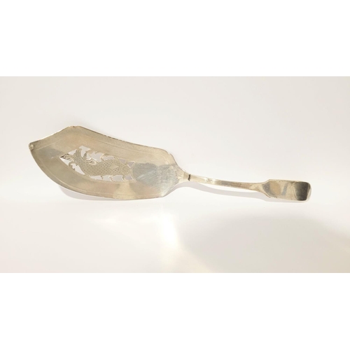 21 - A VERY EARLY 19TH CENTURY ORNATE SOLID SILVER FISH SLICE, the head of the slice is pierced and decor... 