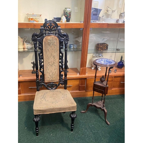 234 - A VICTORIAN EBONISED JACOBEAN STYLE HALL CHAIR, c.1880, finely carved frame with floral scrolling op... 